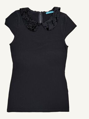 Alice + Olivia Velvet Collar Top Black Cap Sleeve Peter Pan S
